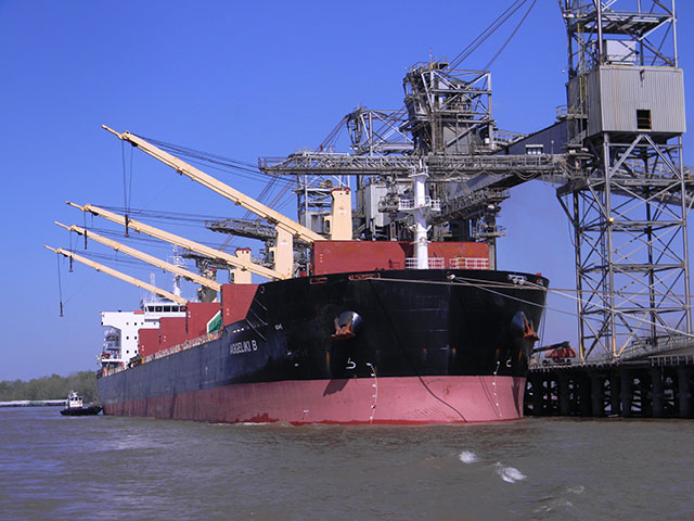 Ships like this one pictured loading upriver from the Gulf of Mexico will face restrictions as they head south to Baton Rouge due to flooding. This ship was loading soybeans at ADM at Destrehan, Louisiana, in late March. (DTN photo by Mary Kennedy)